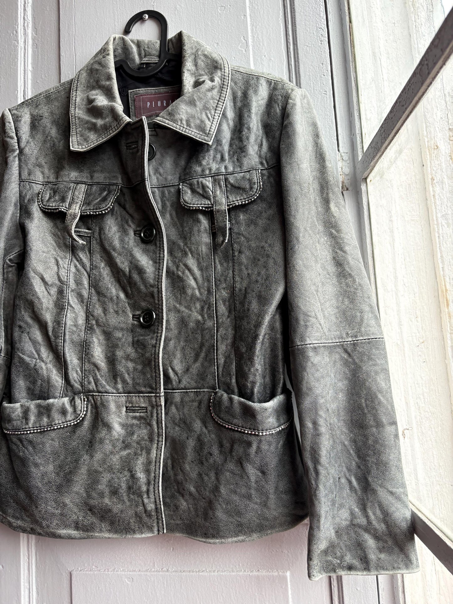 Grey Distressed Leather Biker Jacket for Women — additional view 7