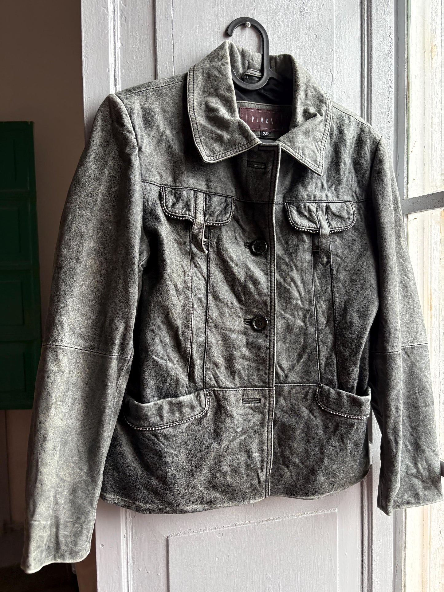 Grey Distressed Leather Biker Jacket for Women — additional view 15