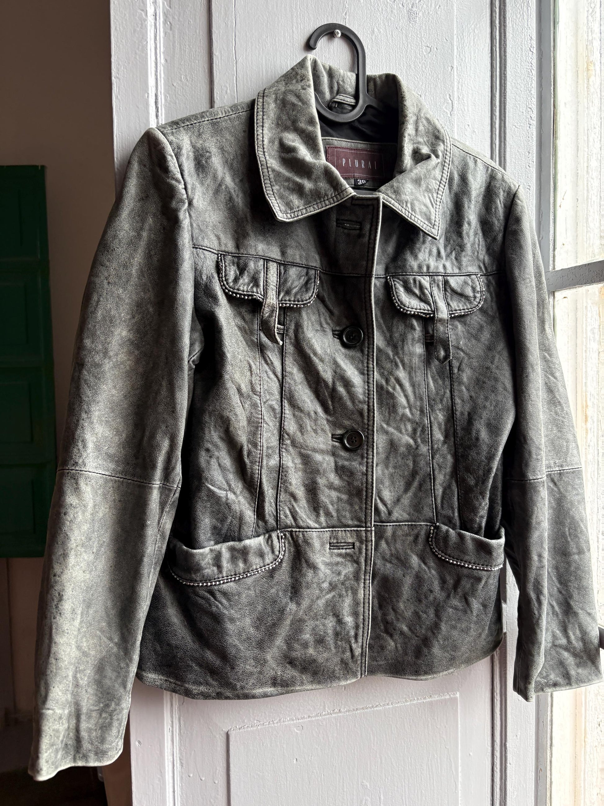 Grey Distressed Leather Biker Jacket for Women — additional view 15