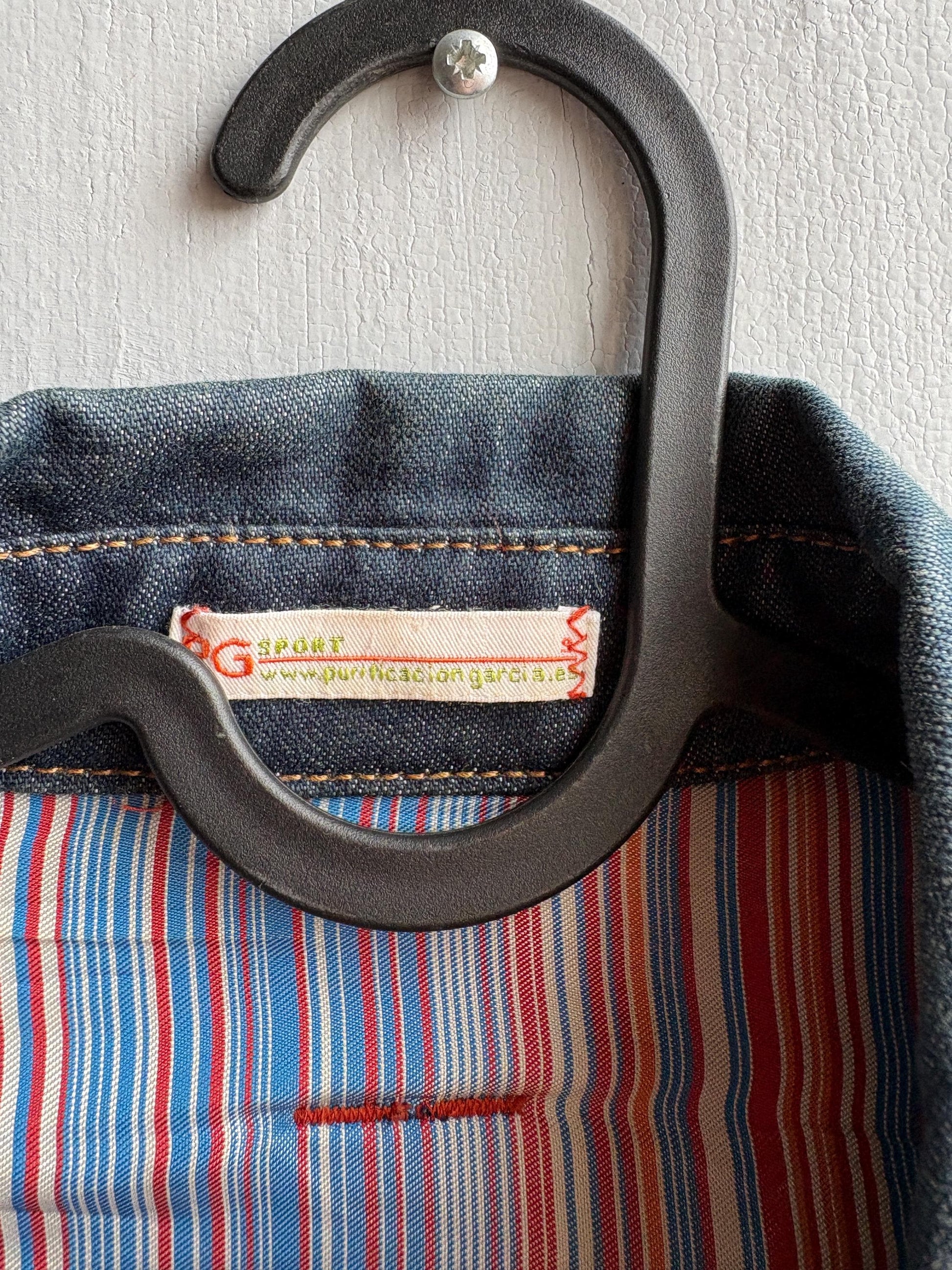 Purificación García Sport Denim Jacket, Vintage Dark Wash Buckle Jacket, Y2K Chic Fitted Designer Women Jacket, XS