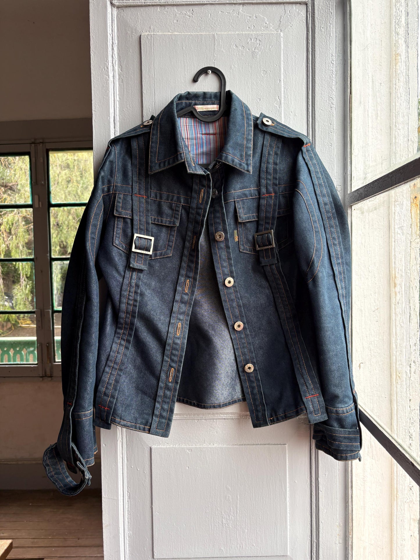 Purificación García Sport Denim Jacket, Vintage Dark Wash Buckle Jacket, Y2K Chic Fitted Designer Women Jacket, XS