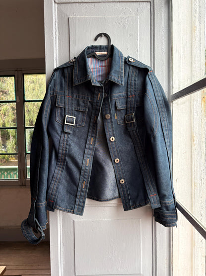 Purificación García Sport Denim Jacket, Vintage Dark Wash Buckle Jacket, Y2K Chic Fitted Designer Women Jacket, XS