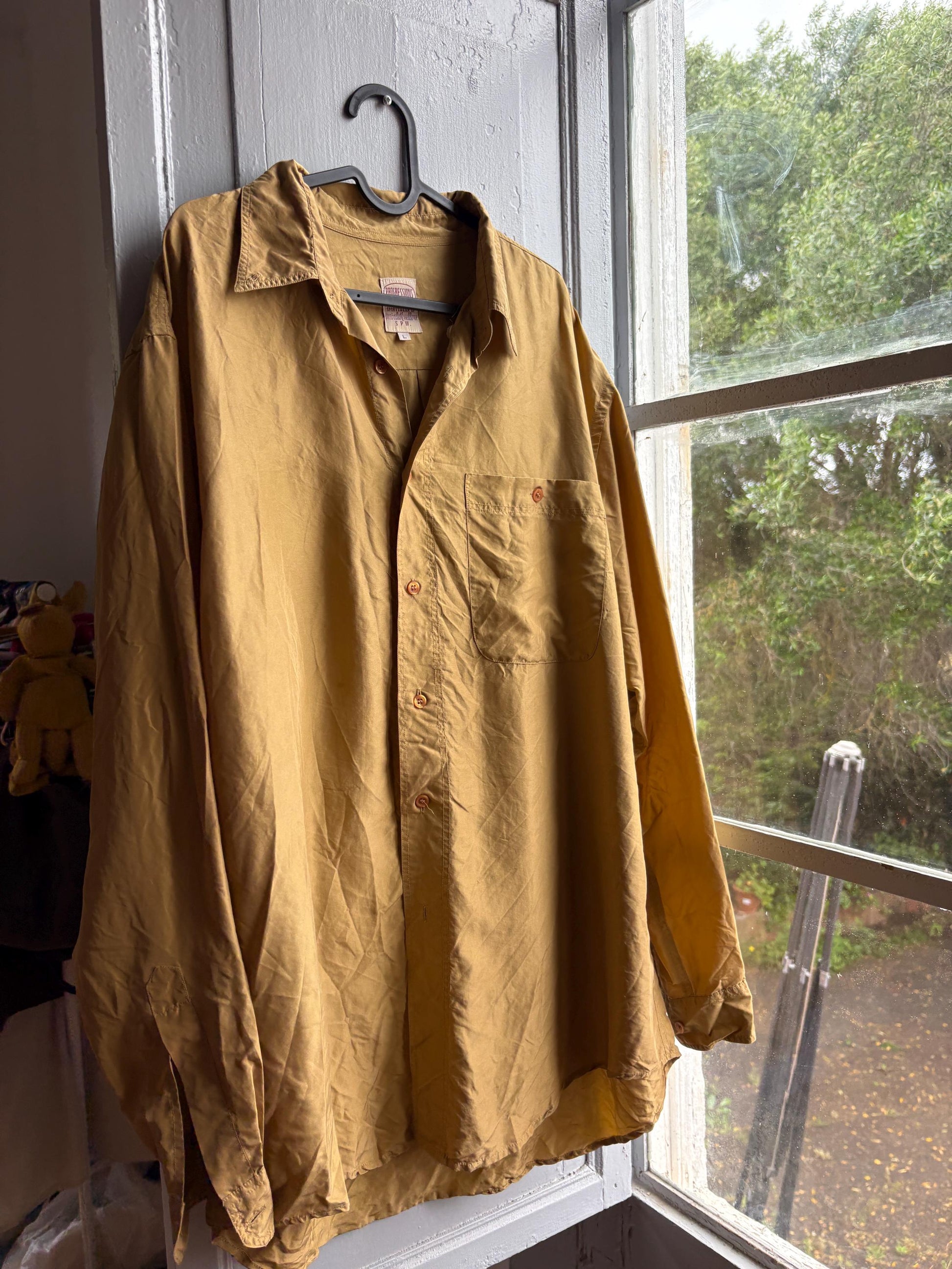 Vintage Gold Silk Shirt, Men Luxury Button Down, Christmas outfit for him, Size L