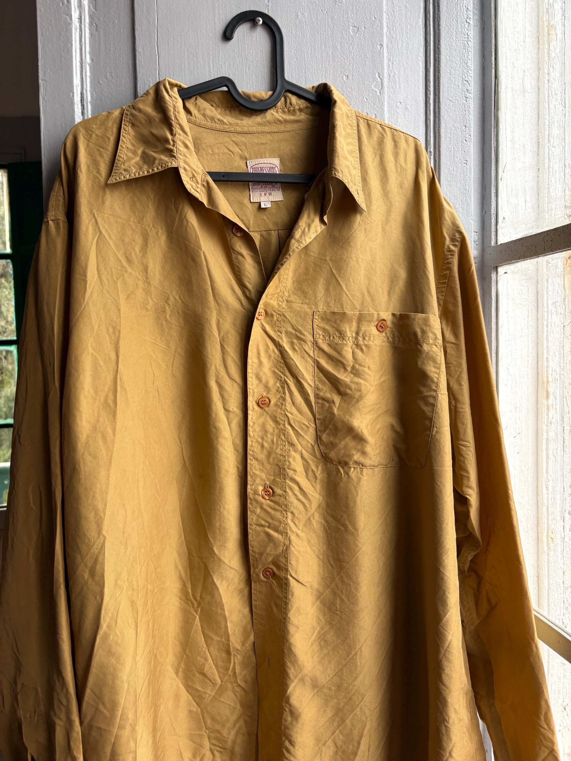 Vintage Gold Silk Shirt, Men Luxury Button Down, Christmas outfit for him, Size L