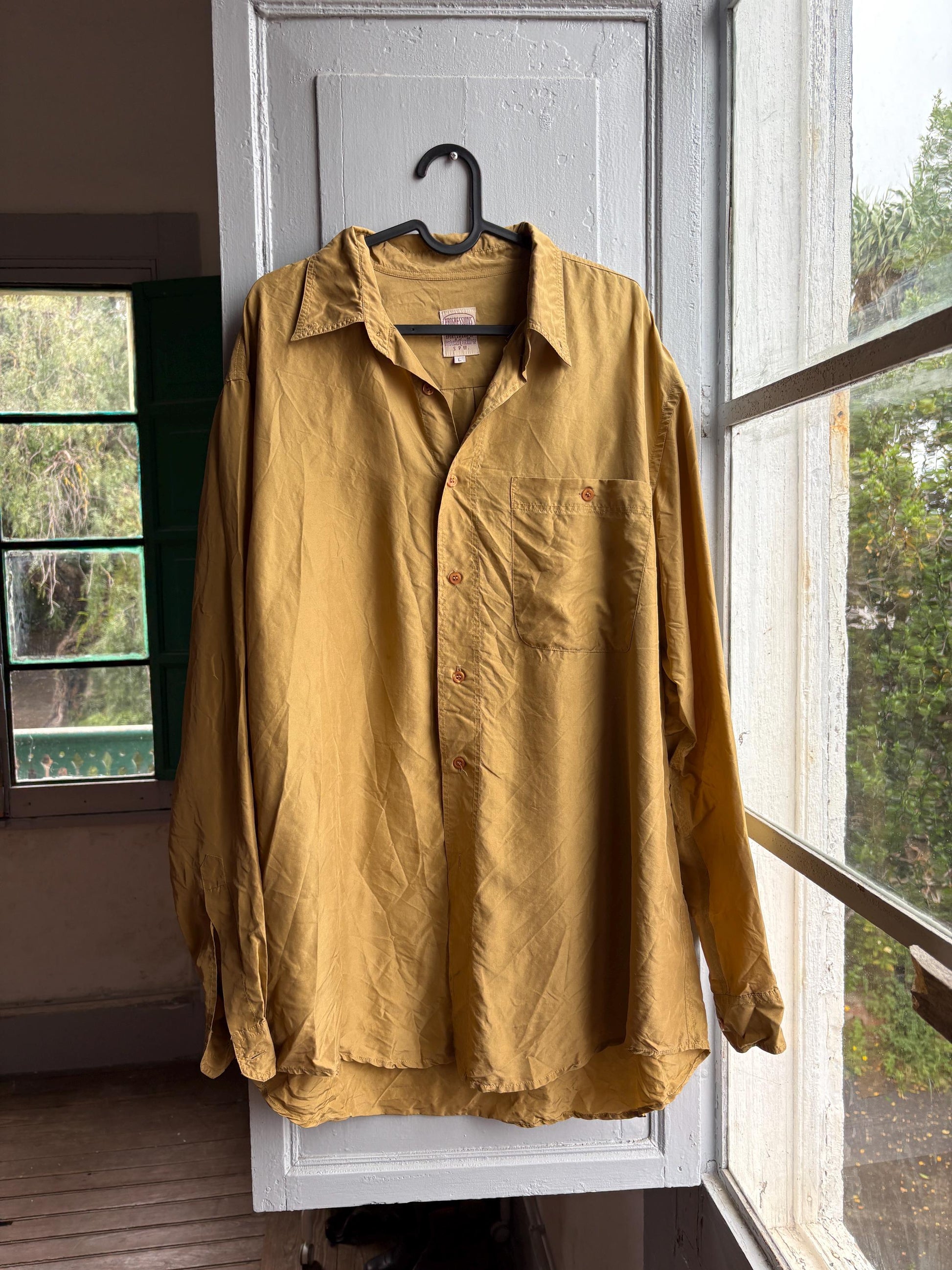 Vintage Gold Silk Shirt, Men Luxury Button Down, Christmas outfit for him, Size L