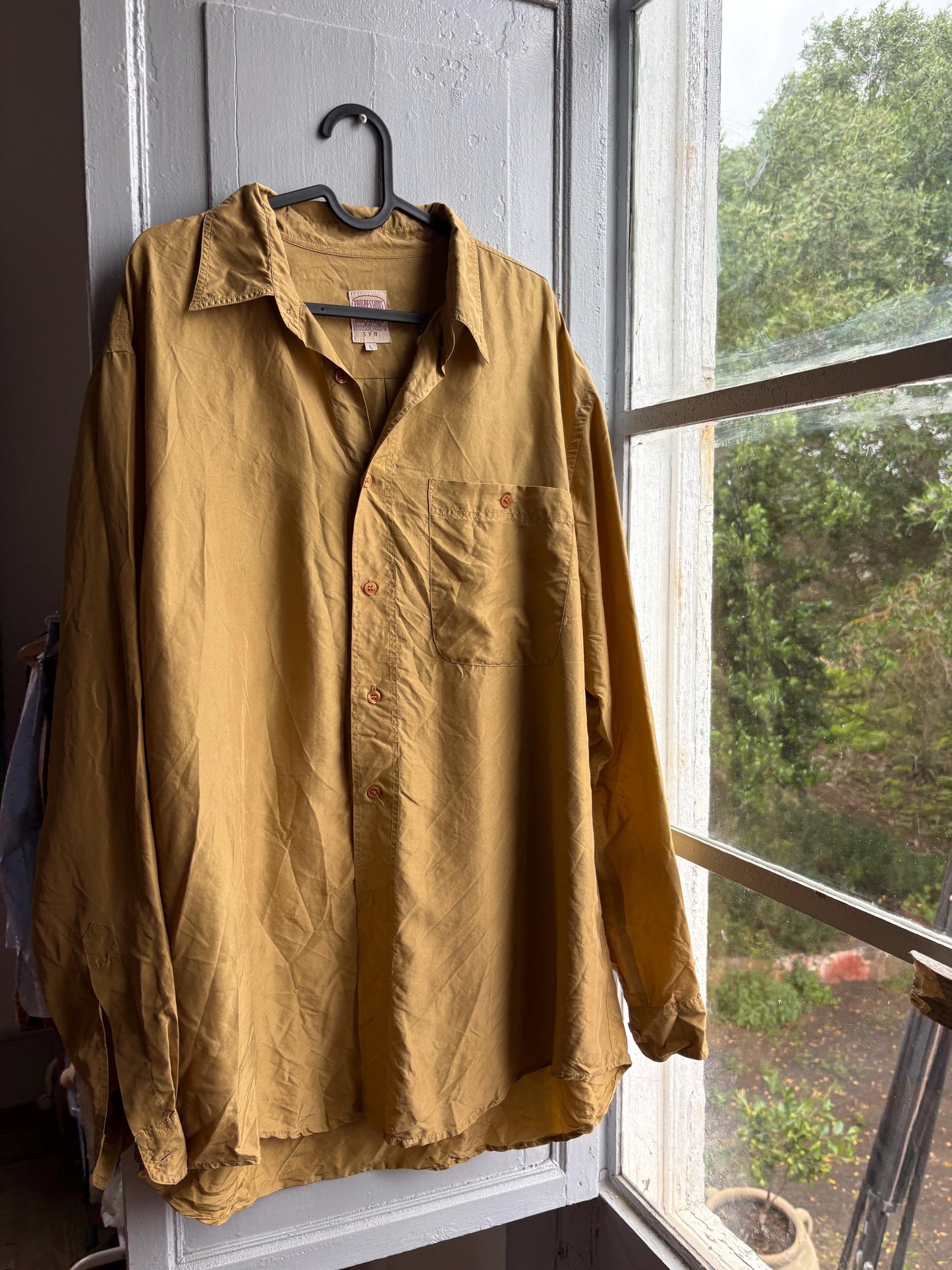 Vintage Gold Silk Shirt, Men Luxury Button Down, Christmas outfit for him, Size L