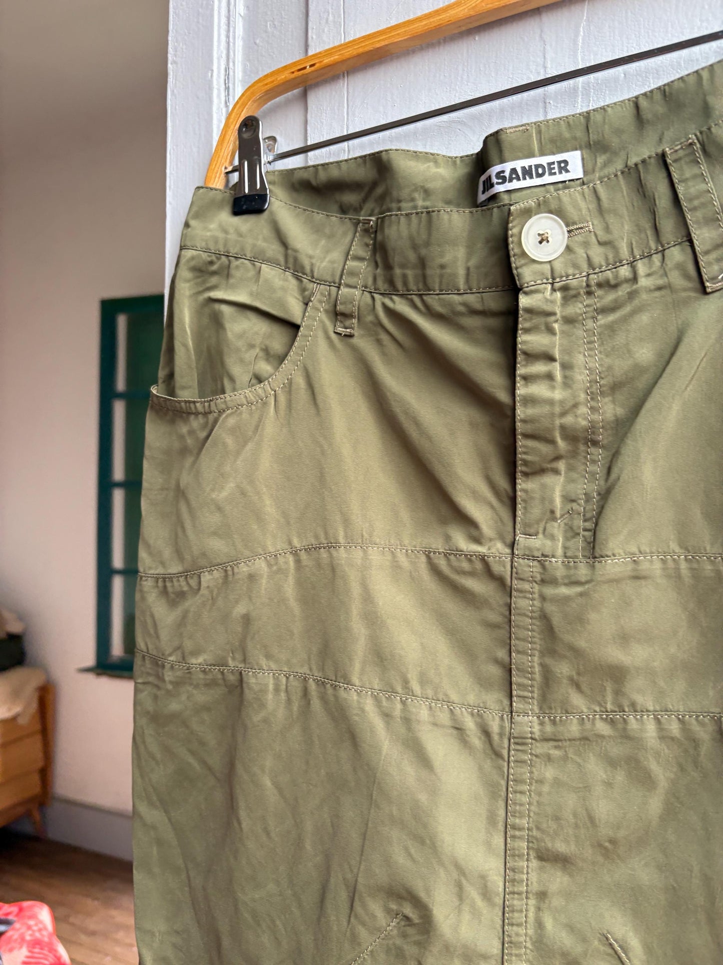 Vintage Jil Sander Olive Green Silk Skirt — detail
