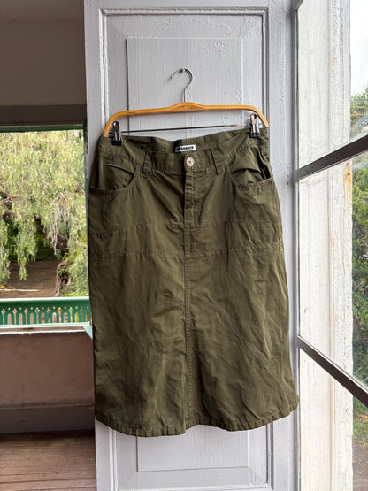 Vintage Jil Sander Olive Green Silk Blend Skirt, Designer Made in Italy, Luxe Chic wardrobe essential, Size 40