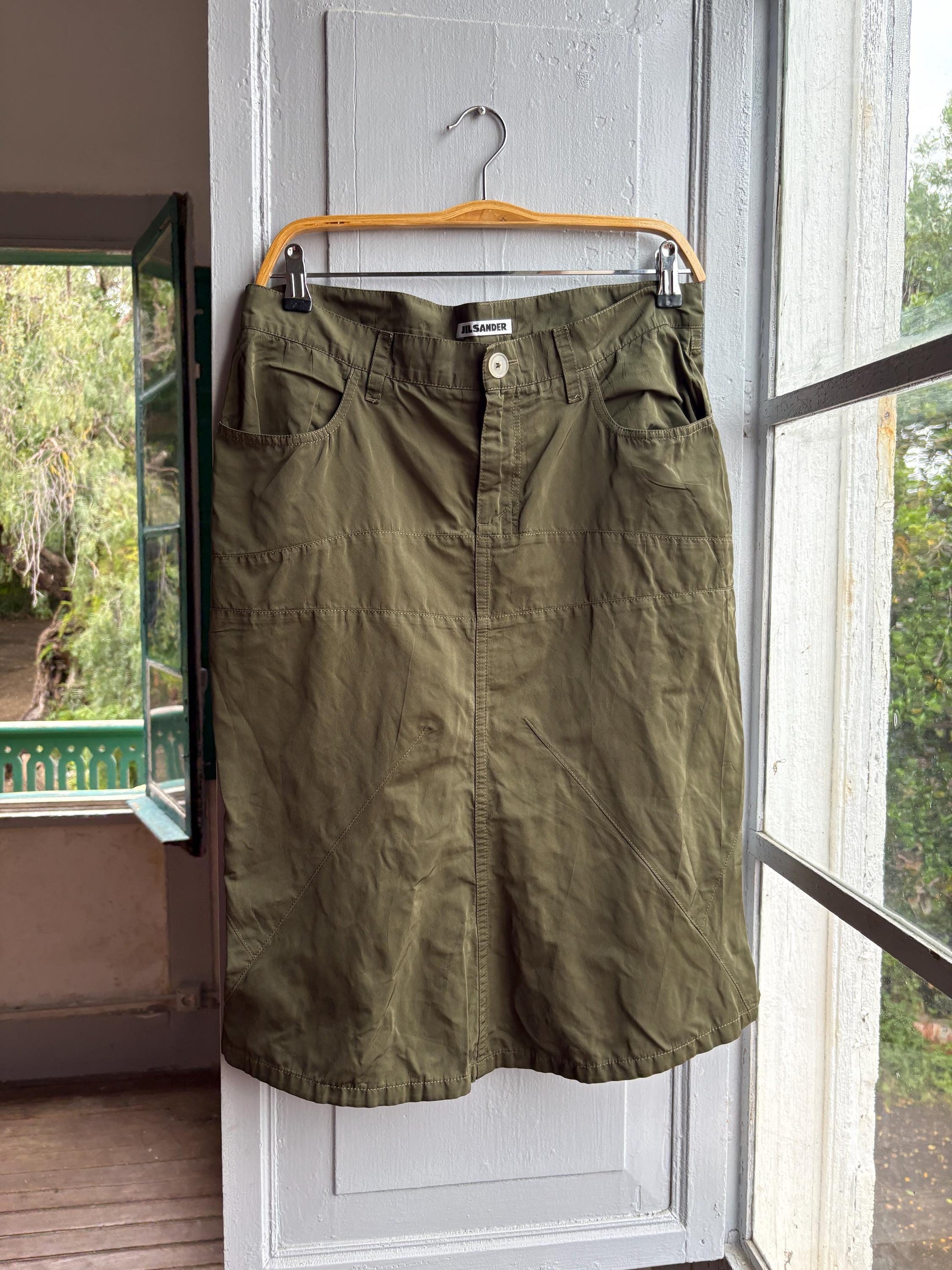 Vintage Jil Sander Olive Green Silk Skirt — fabric close-up