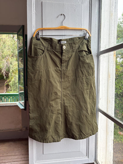 Vintage Jil Sander Olive Green Silk Skirt — fabric close-up