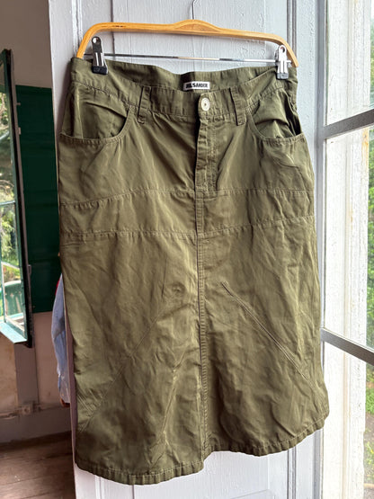 Vintage Jil Sander Olive Green Silk Blend Skirt, Designer Made in Italy, Luxe Chic wardrobe essential, Size 40