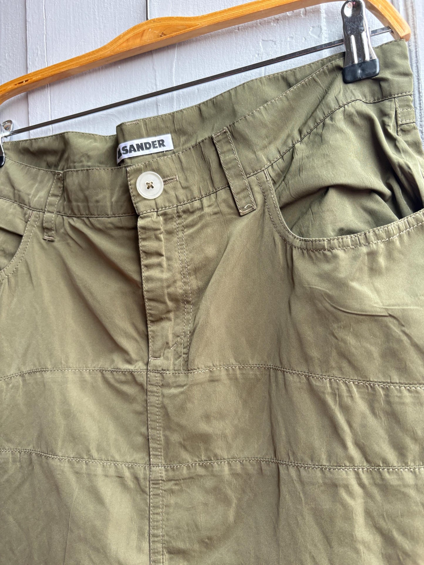 Vintage Jil Sander Olive Green Silk Blend Skirt, Designer Made in Italy, Luxe Chic wardrobe essential, Size 40
