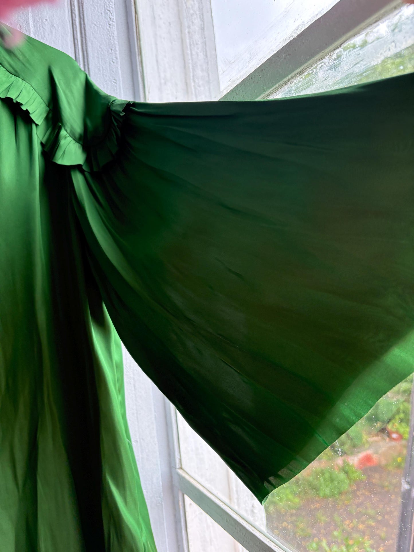 Emerald Satin Ruffle Blouse — back view