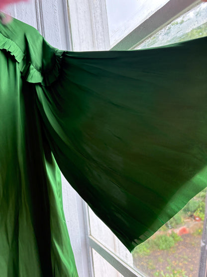 Emerald Satin Ruffle Blouse — back view