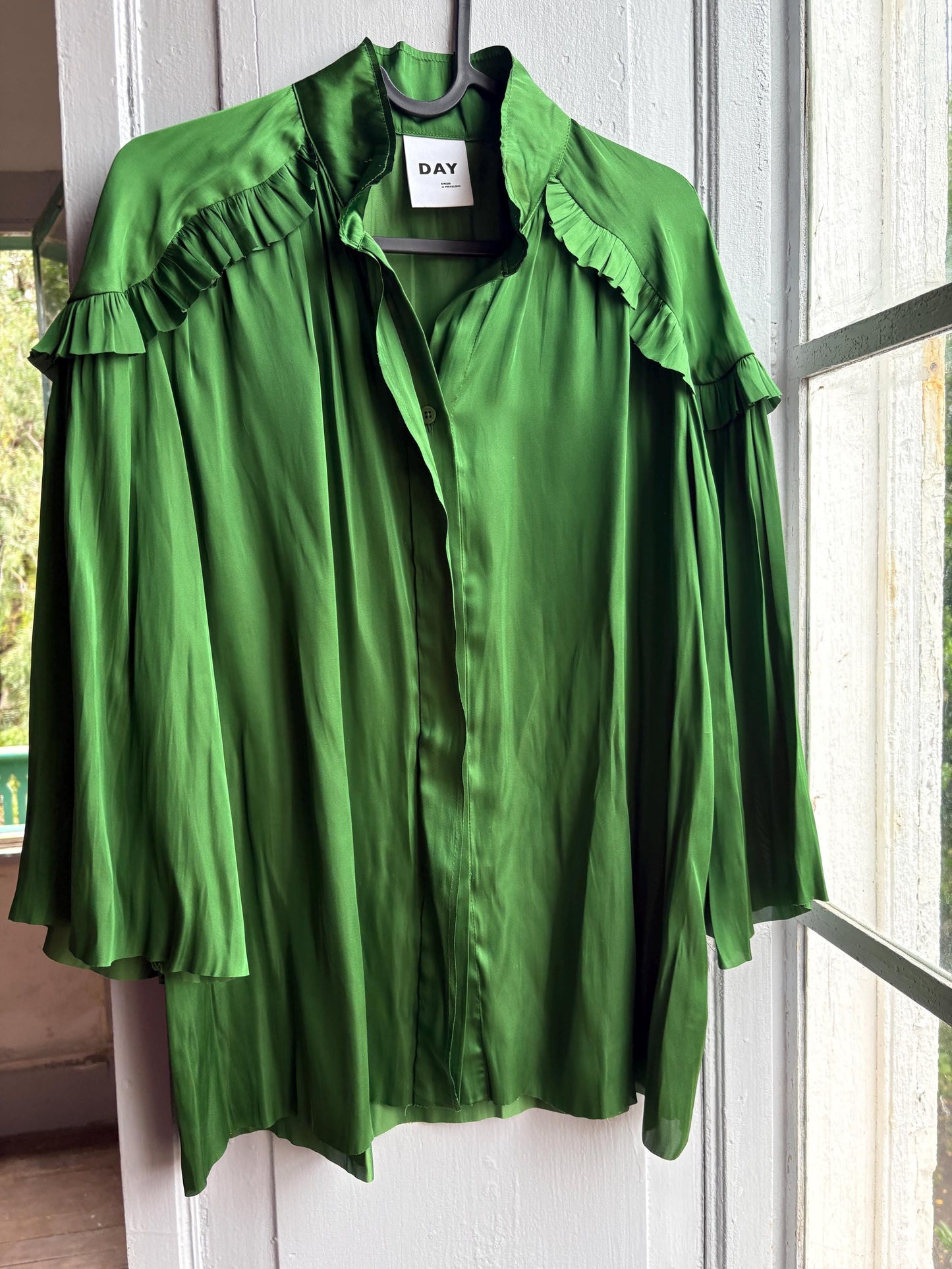 Emerald Satin Ruffle Blouse — additional view 6