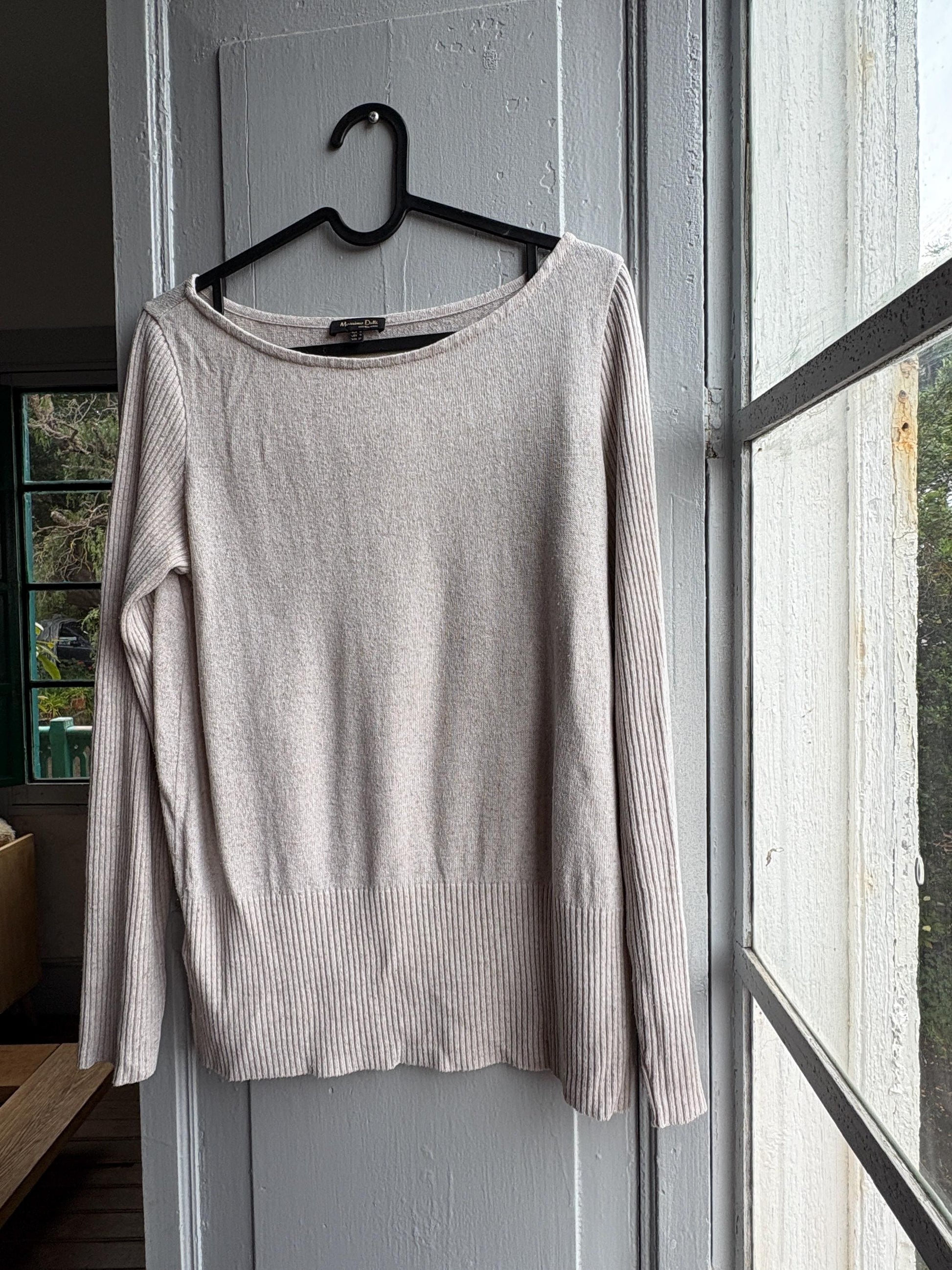 Massimo Dutti Knit Top, Linen long sleeve shirt, Sweater Minimalist off white Women essential, Size Medium