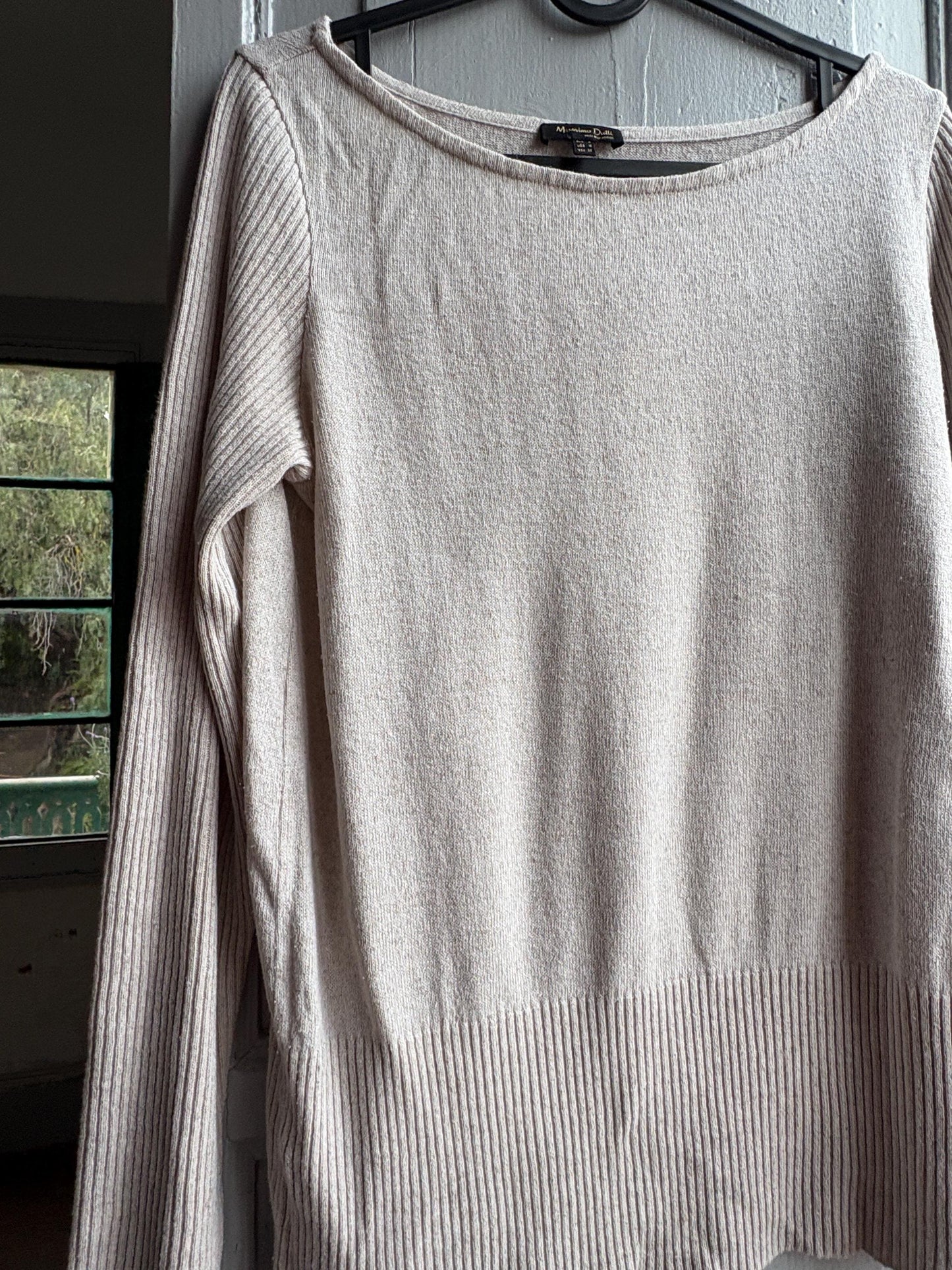 Massimo Dutti Knit Top, Linen long sleeve shirt, Sweater Minimalist off white Women essential, Size Medium