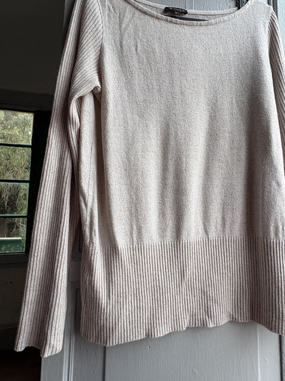 Massimo Dutti Knit Top, Linen long sleeve shirt, Sweater Minimalist off white Women essential, Size Medium