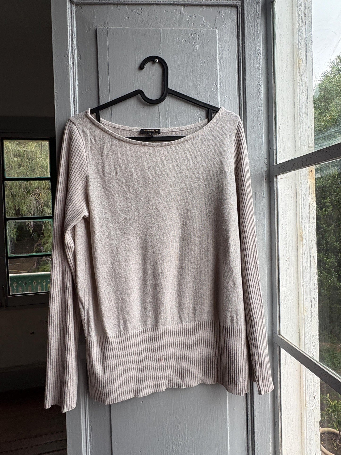 Massimo Dutti Knit Top, Linen long sleeve shirt, Sweater Minimalist off white Women essential, Size Medium