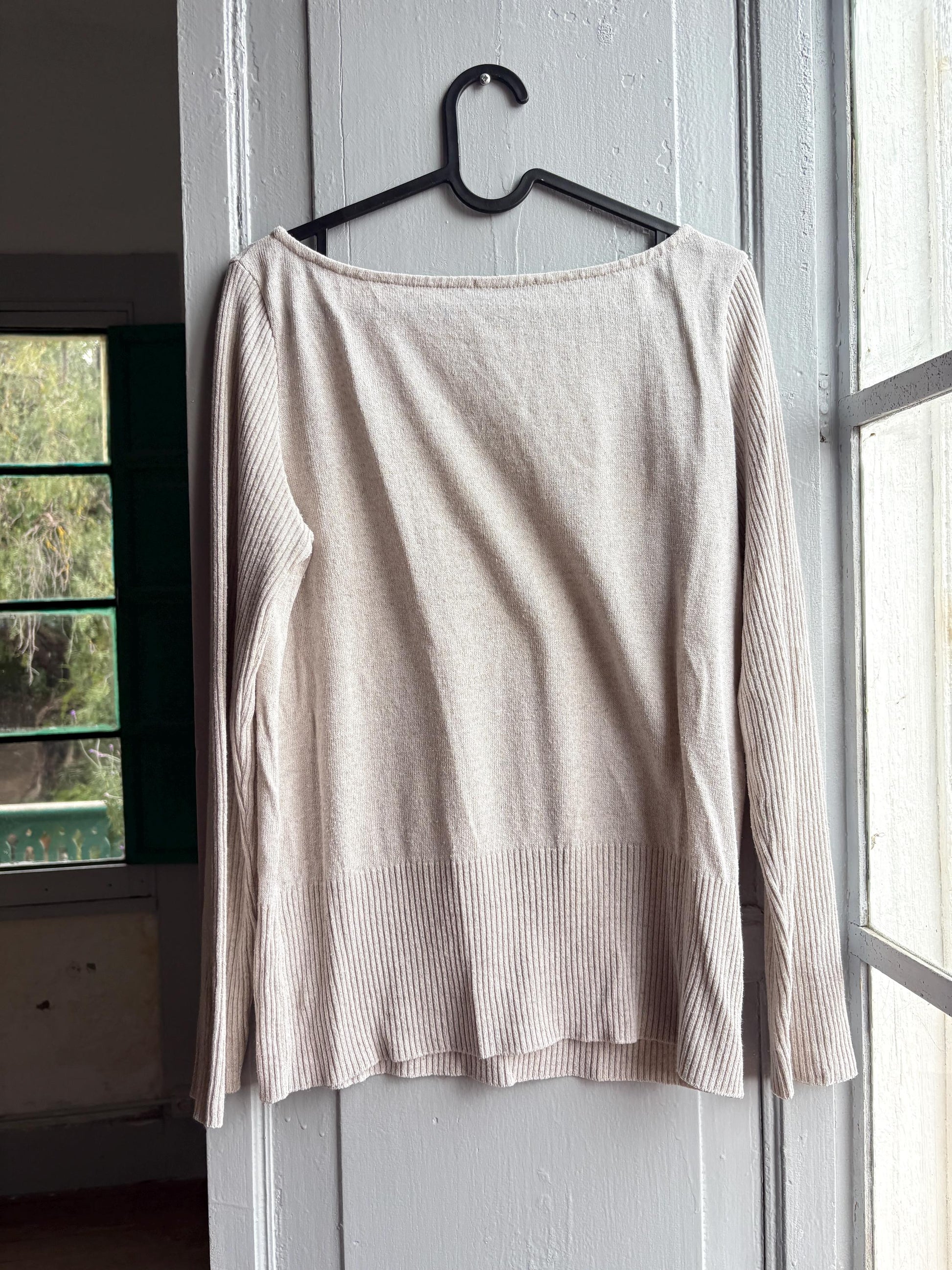 Massimo Dutti Knit Top, Linen long sleeve shirt, Sweater Minimalist off white Women essential, Size Medium
