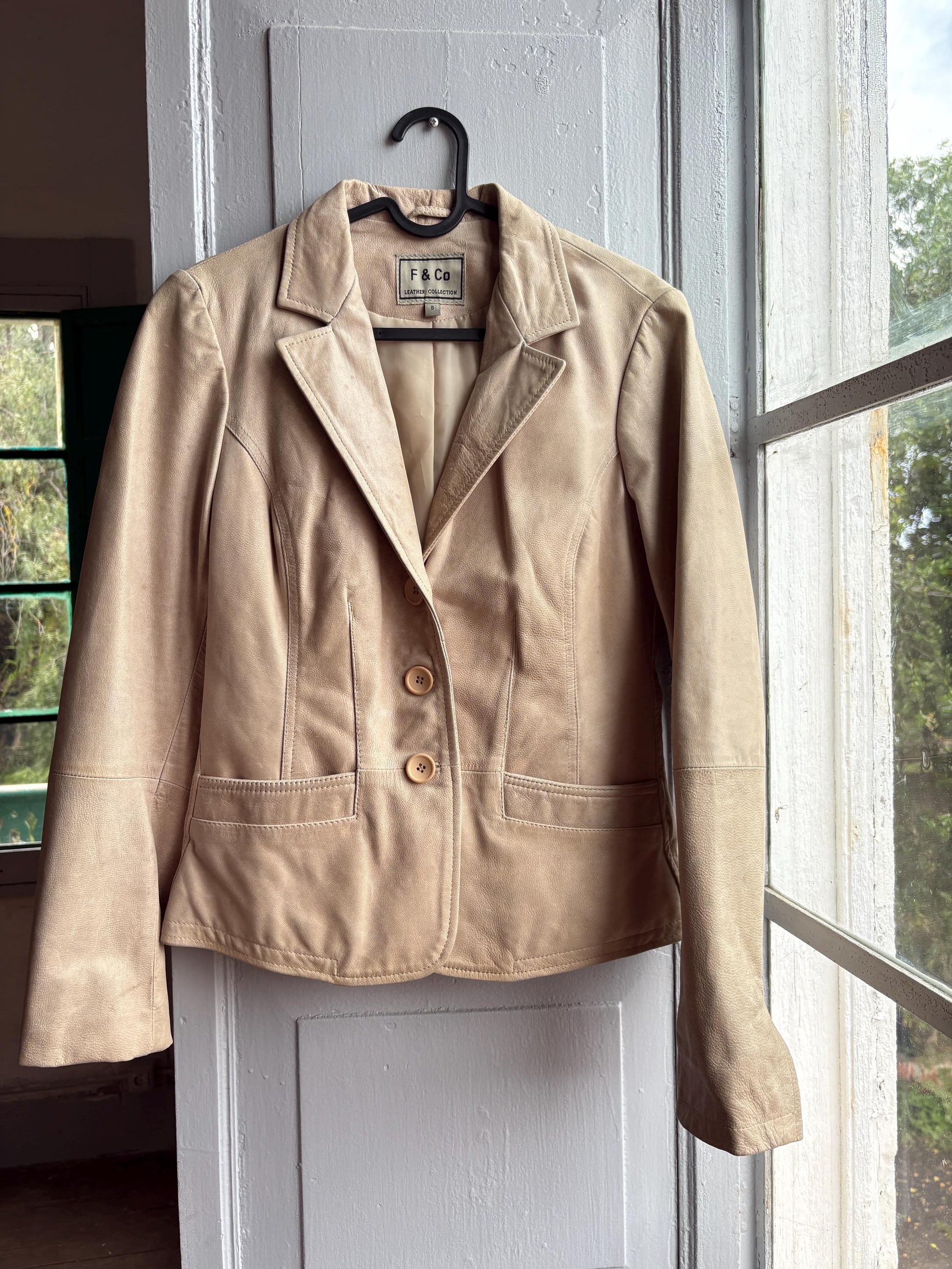 Beige Leather Blazer for Women — fabric close-up