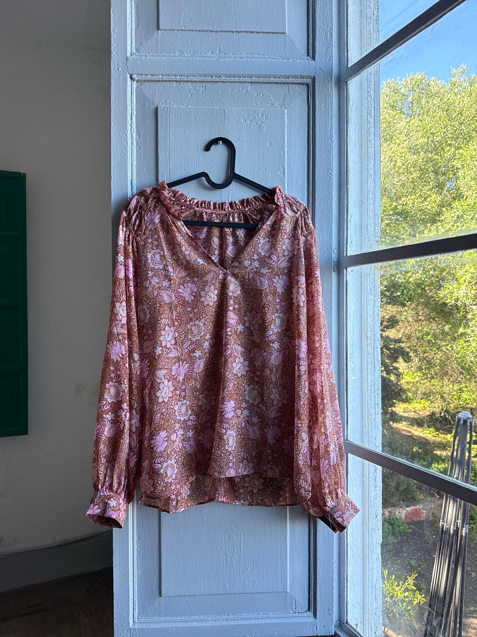 Sheer Floral Blouse Boho Pink Romantic Top, Lightweight Summer Peasant Style clothing, Indie Feminine Vintage Womens festival wear