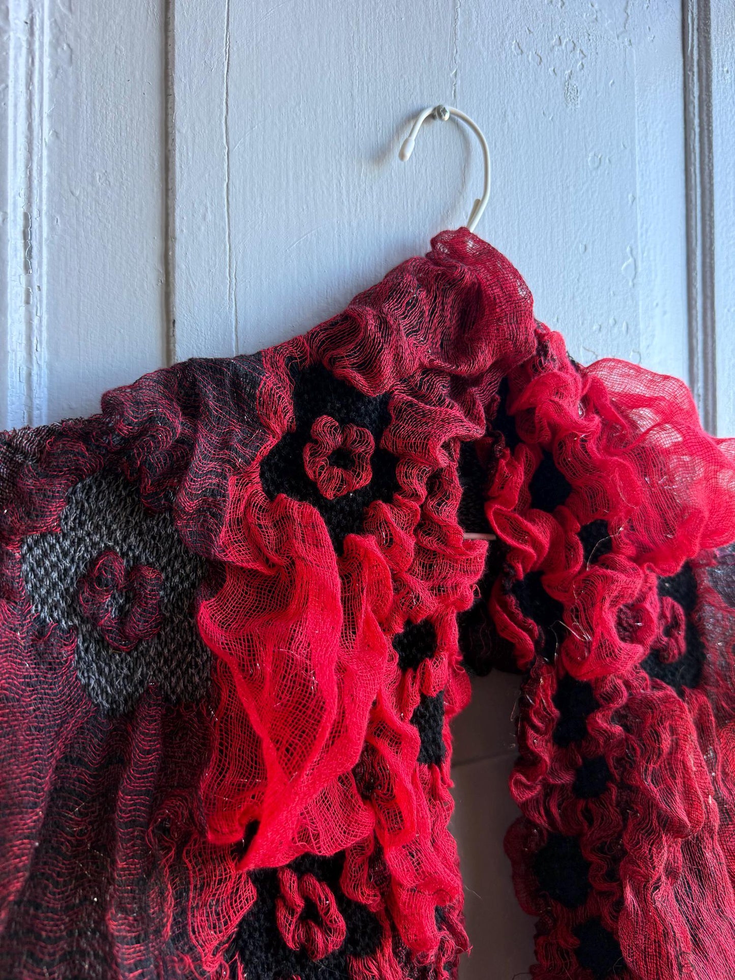 Vintage Red Black Ruffle Loop Scarf — fabric close-up