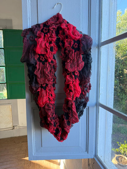 Vintage Red Black Ruffle Loop Scarf — additional view 5