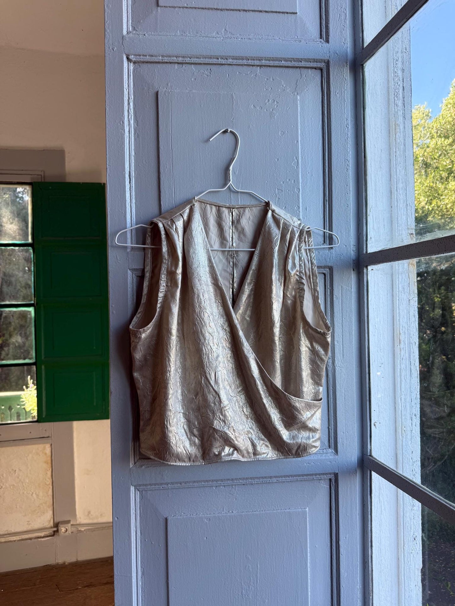 Metallic Gold Draped Top, Chic Cropped Blouse, Minimal Luxe Party wear, Evening Going Out Sleeveless Wrap top