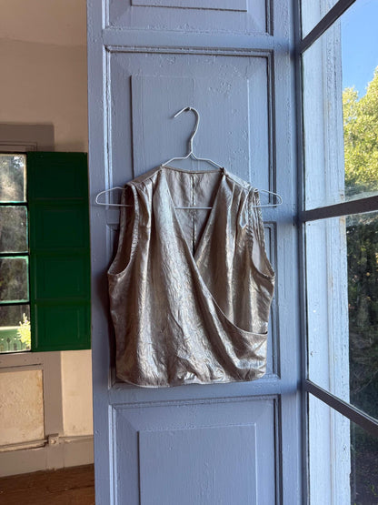 Metallic Gold Draped Top, Chic Cropped Blouse, Minimal Luxe Party wear, Evening Going Out Sleeveless Wrap top