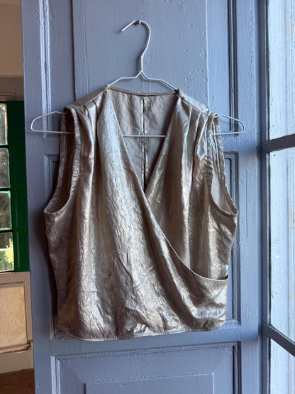 Metallic Gold Draped Top, Chic Cropped Blouse, Minimal Luxe Party wear, Evening Going Out Sleeveless Wrap top