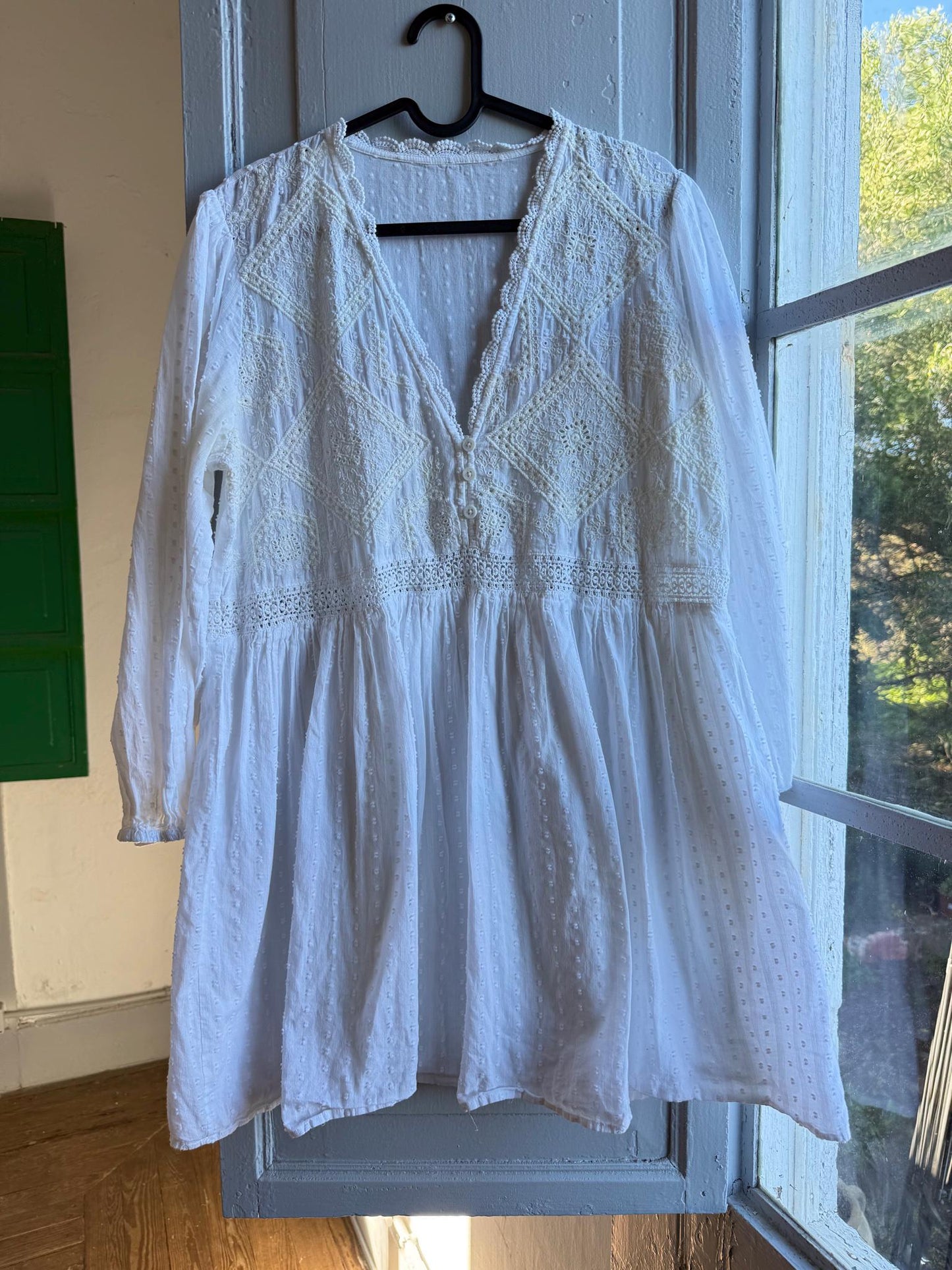 White Cotton Boho Dress, Romantic Lace Summer Mini, Prairie Cottagecore Beach wear, Womens Relaxed Babydoll
