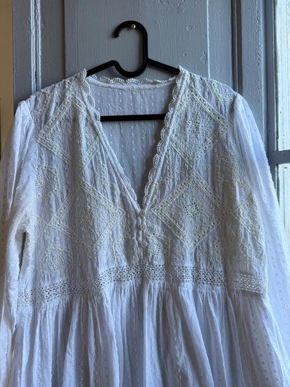 White Cotton Boho Dress, Romantic Lace Summer Mini, Prairie Cottagecore Beach wear, Womens Relaxed Babydoll