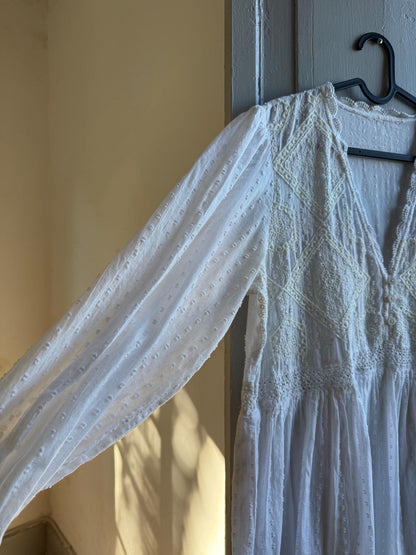 White Cotton Boho Dress, Romantic Lace Summer Mini, Prairie Cottagecore Beach wear, Womens Relaxed Babydoll