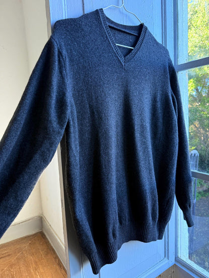 Vintage Wool V Neck Jumper, Mens Dark Grey Minimal Sweater, Old Money Knit, Relaxed Winter Pullover