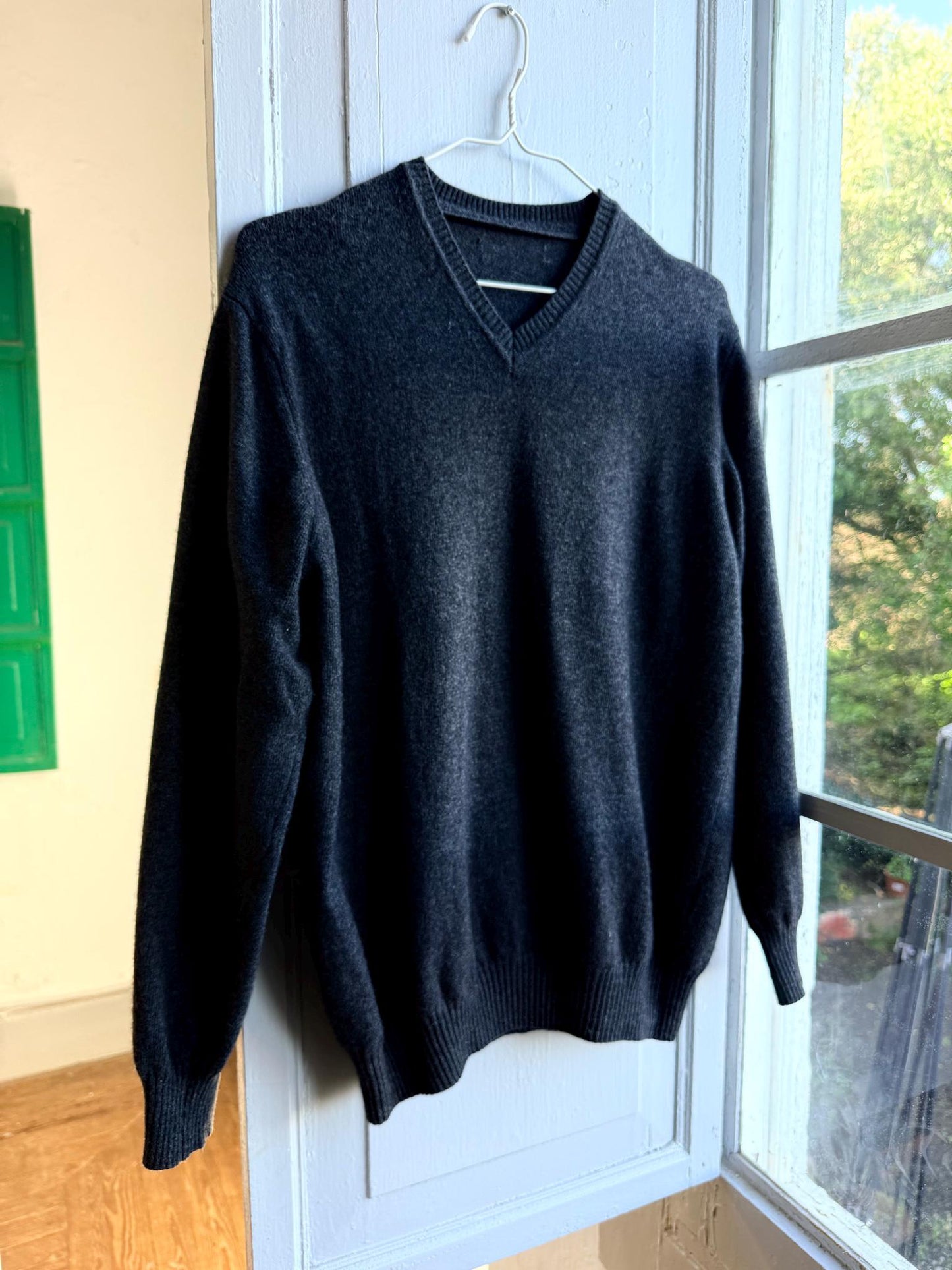 Vintage Wool V Neck Jumper, Mens Dark Grey Minimal Sweater, Old Money Knit, Relaxed Winter Pullover