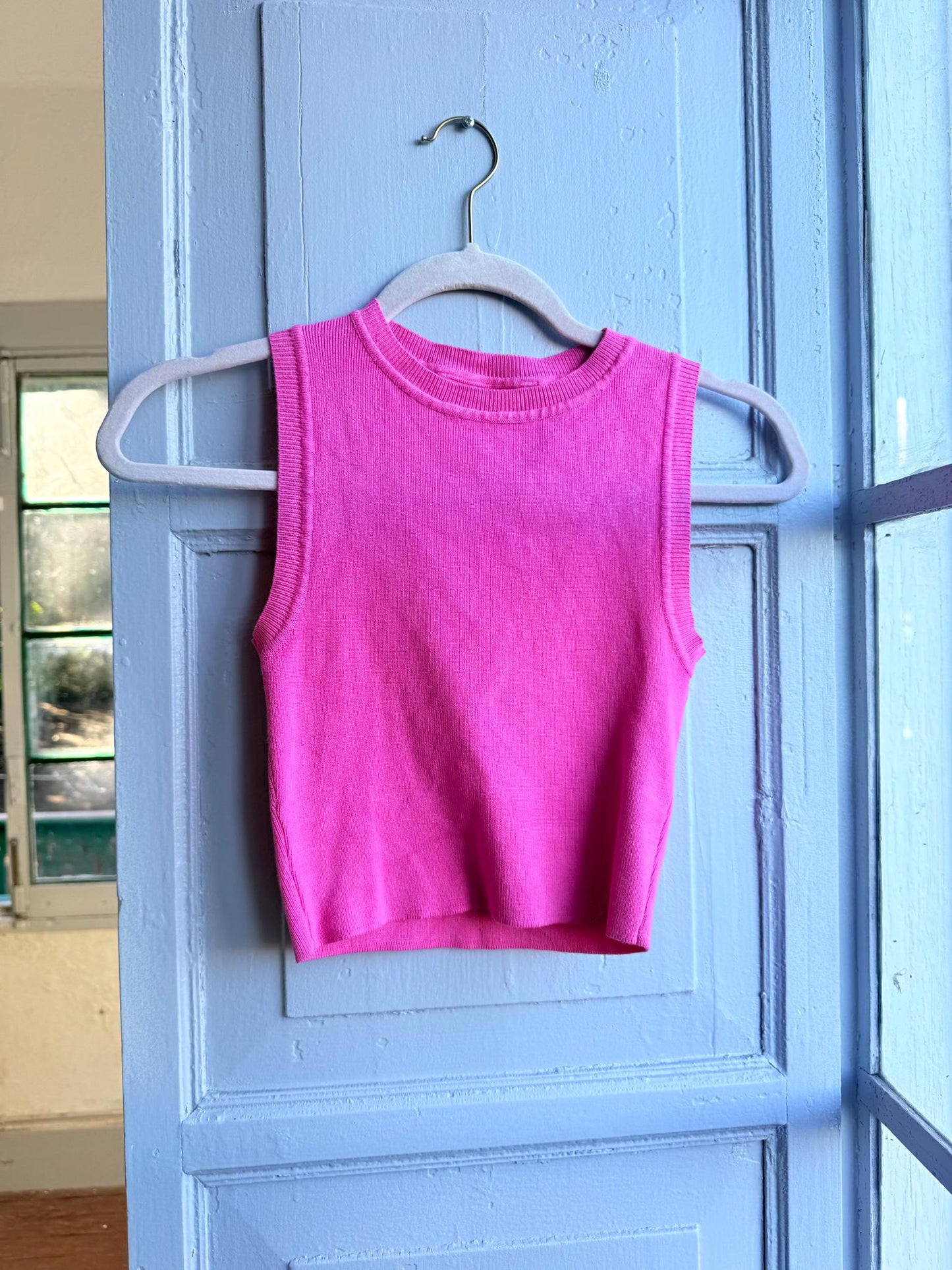 Pink Cropped Tank Top, Y2K Minimal Basic Barbiecore shirt, Soft Girl Fitted Summer Top, XS