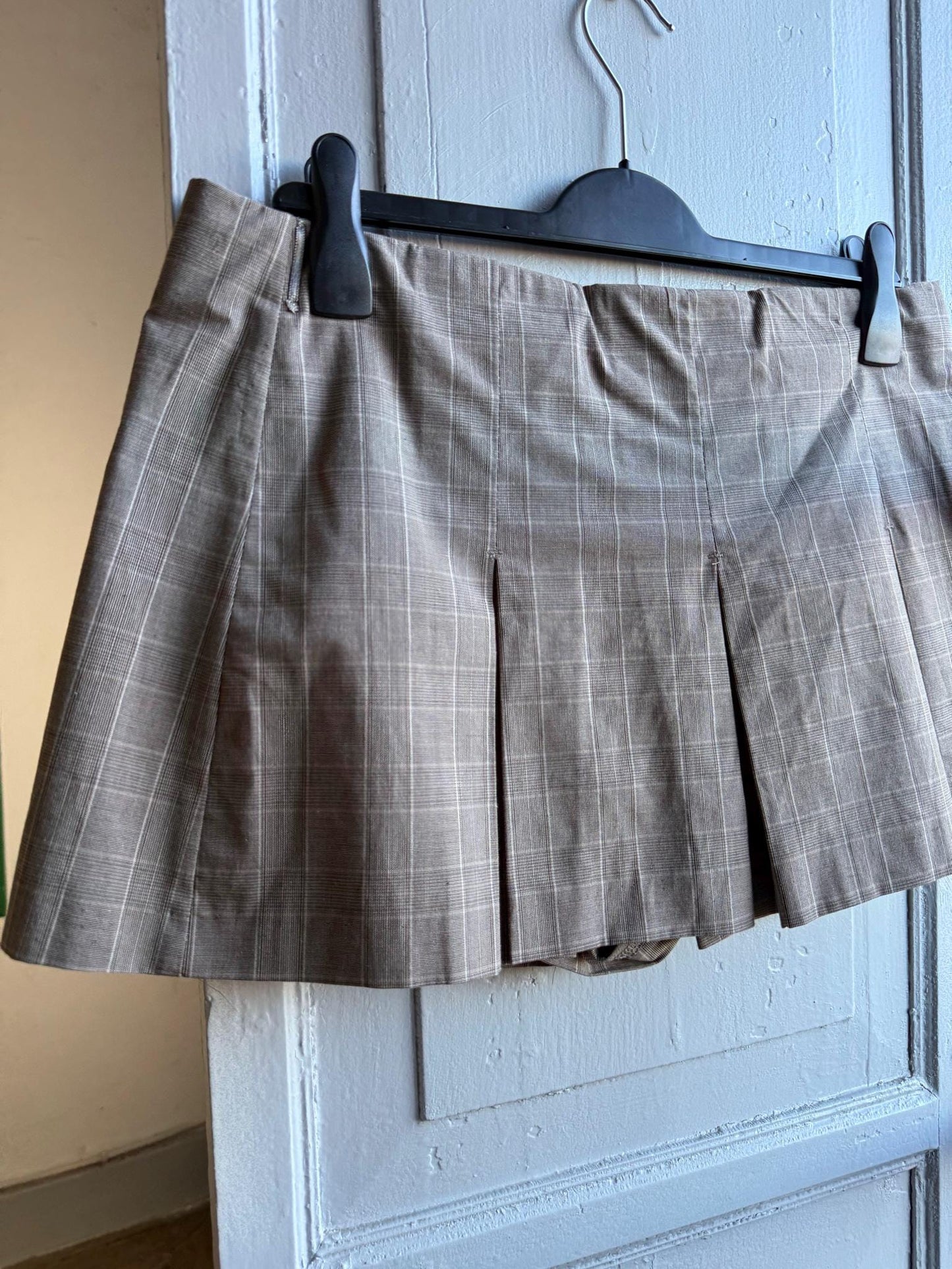 Y2K Pleated Skort Brown Plaid Mini Skirt, Low Rise Preppy Tennis Style Vintage, Womens Large XL