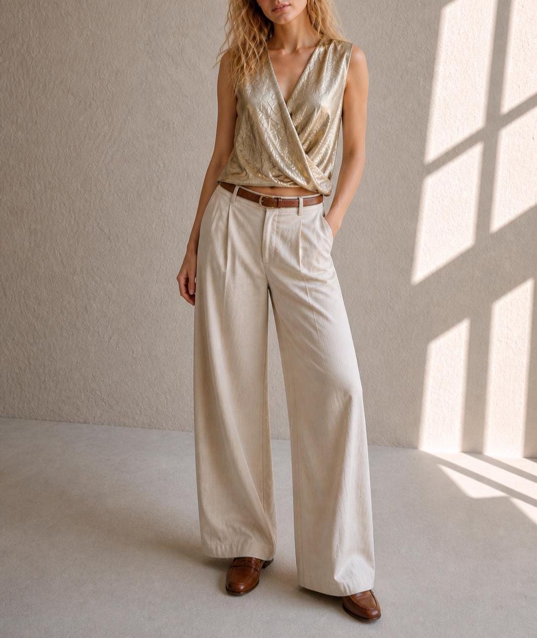 Metallic Gold Draped Top, Chic Cropped Blouse, Minimal Luxe Party wear, Evening Going Out Sleeveless Wrap top