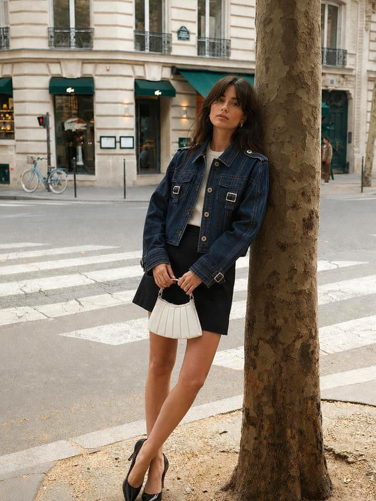 Purificación García Sport Denim Jacket, Vintage Dark Wash Buckle Jacket, Y2K Chic Fitted Designer Women Jacket, XS