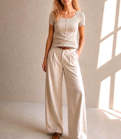 Massimo Dutti Ribbed Knit Top, Beige Glitter Shimmer shirt, Minimalist Chic Stretchy Luxury Women Top, Size XS
