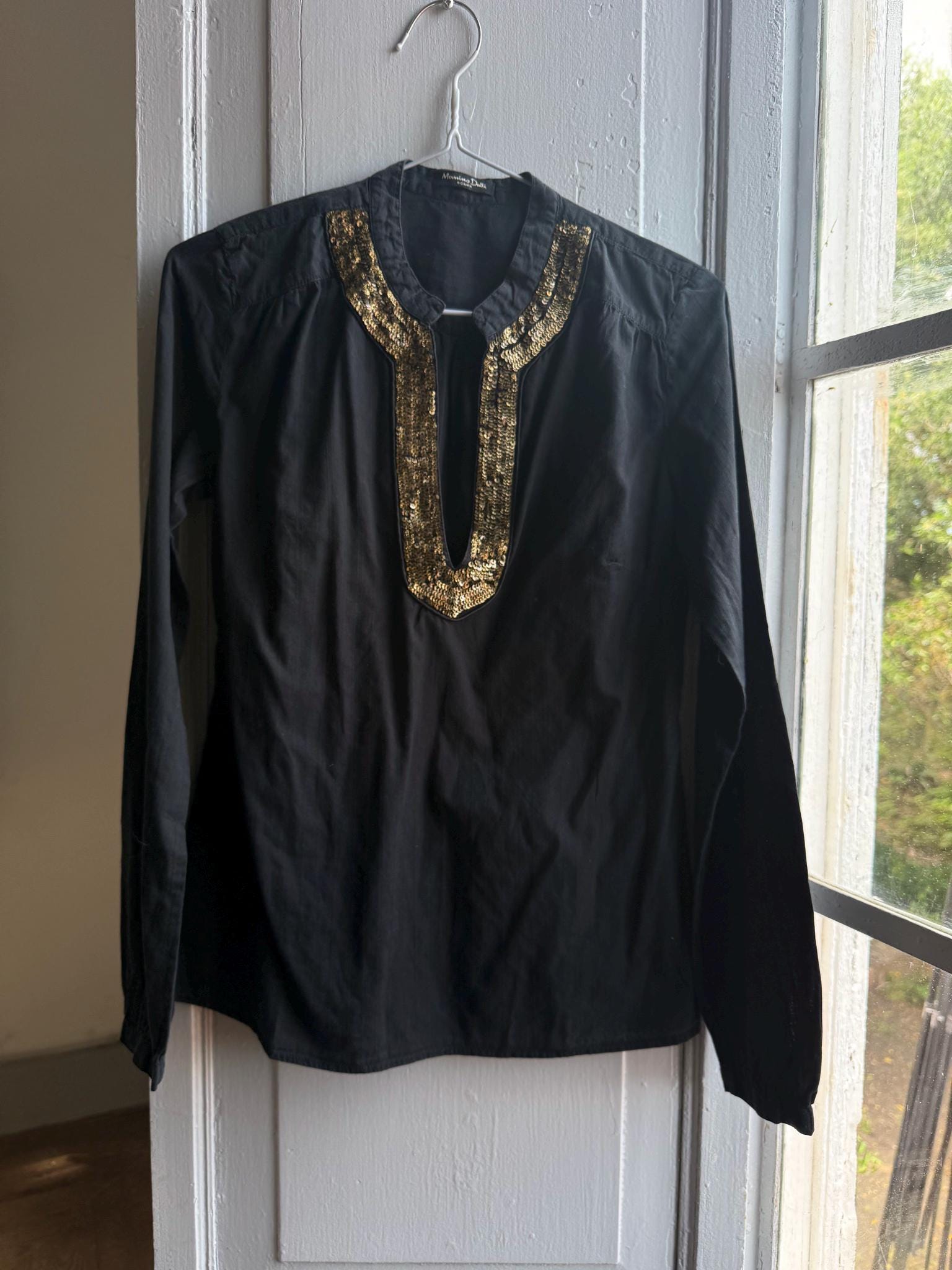 Massimo Dutti Black Blouse, Gold Embellished V Neck Top, EU 36, Minimal Luxe Chic Evening Shirt