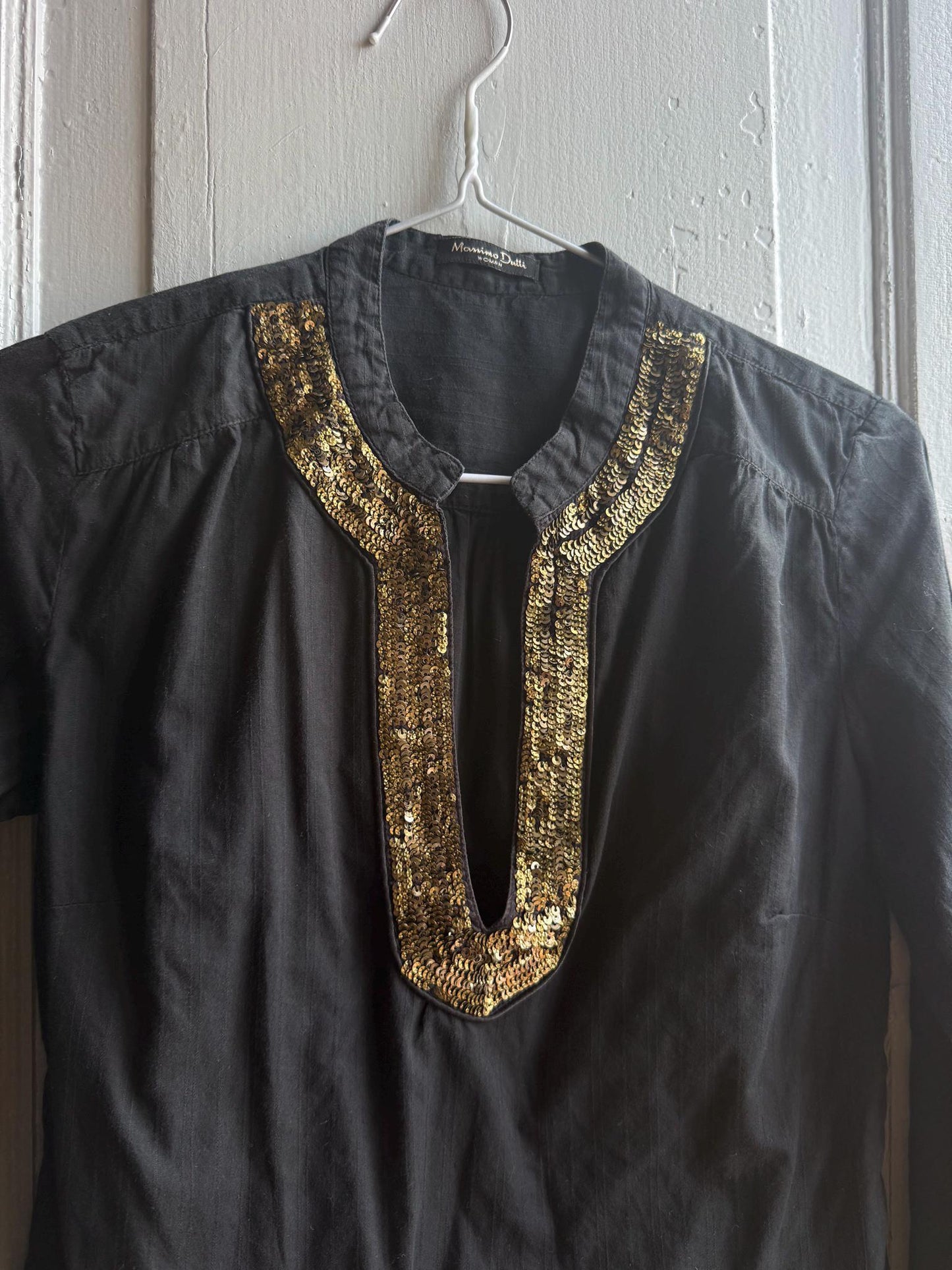 Massimo Dutti Black Blouse, Gold Embellished V Neck Top, EU 36, Minimal Luxe Chic Evening Shirt