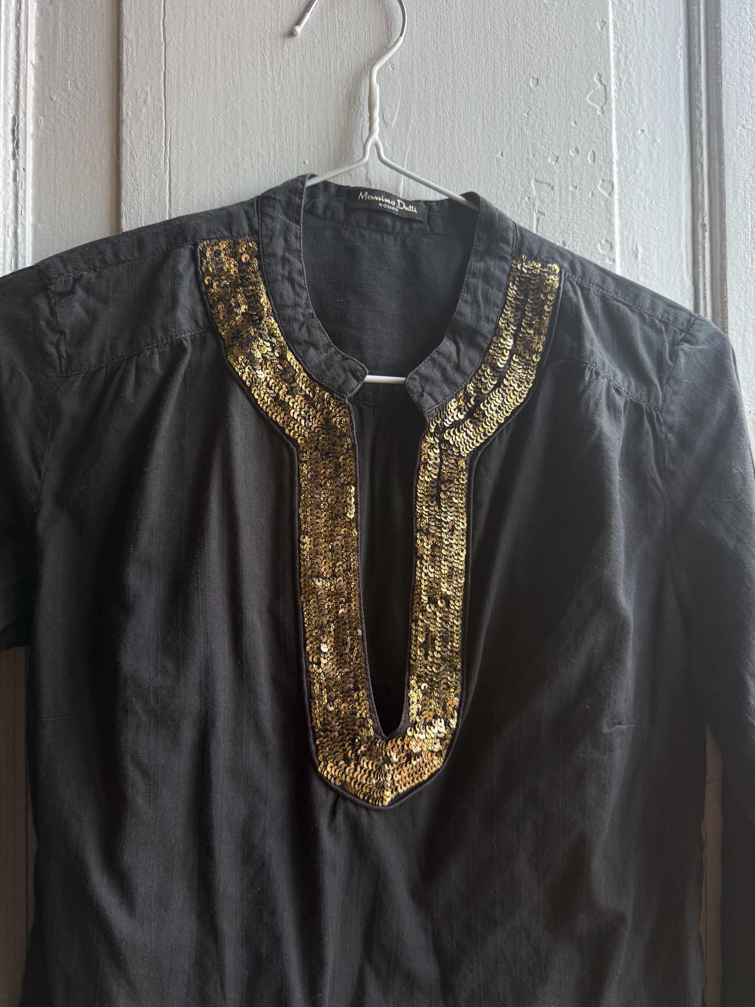 Massimo Dutti Black Blouse, Gold Embellished V Neck Top, EU 36, Minimal Luxe Chic Evening Shirt