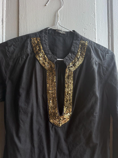 Massimo Dutti Black Blouse, Gold Embellished V Neck Top, EU 36, Minimal Luxe Chic Evening Shirt