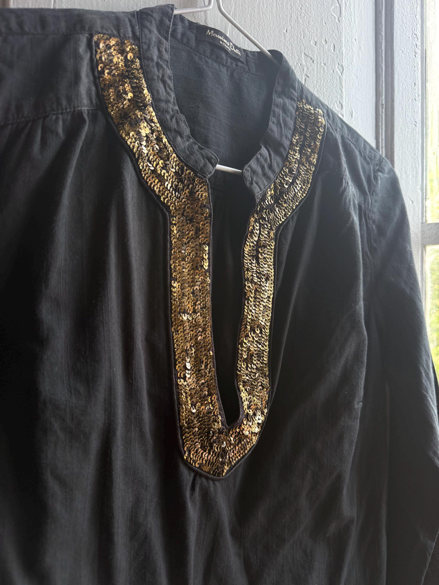 Massimo Dutti Black Blouse, Gold Embellished V Neck Top, EU 36, Minimal Luxe Chic Evening Shirt
