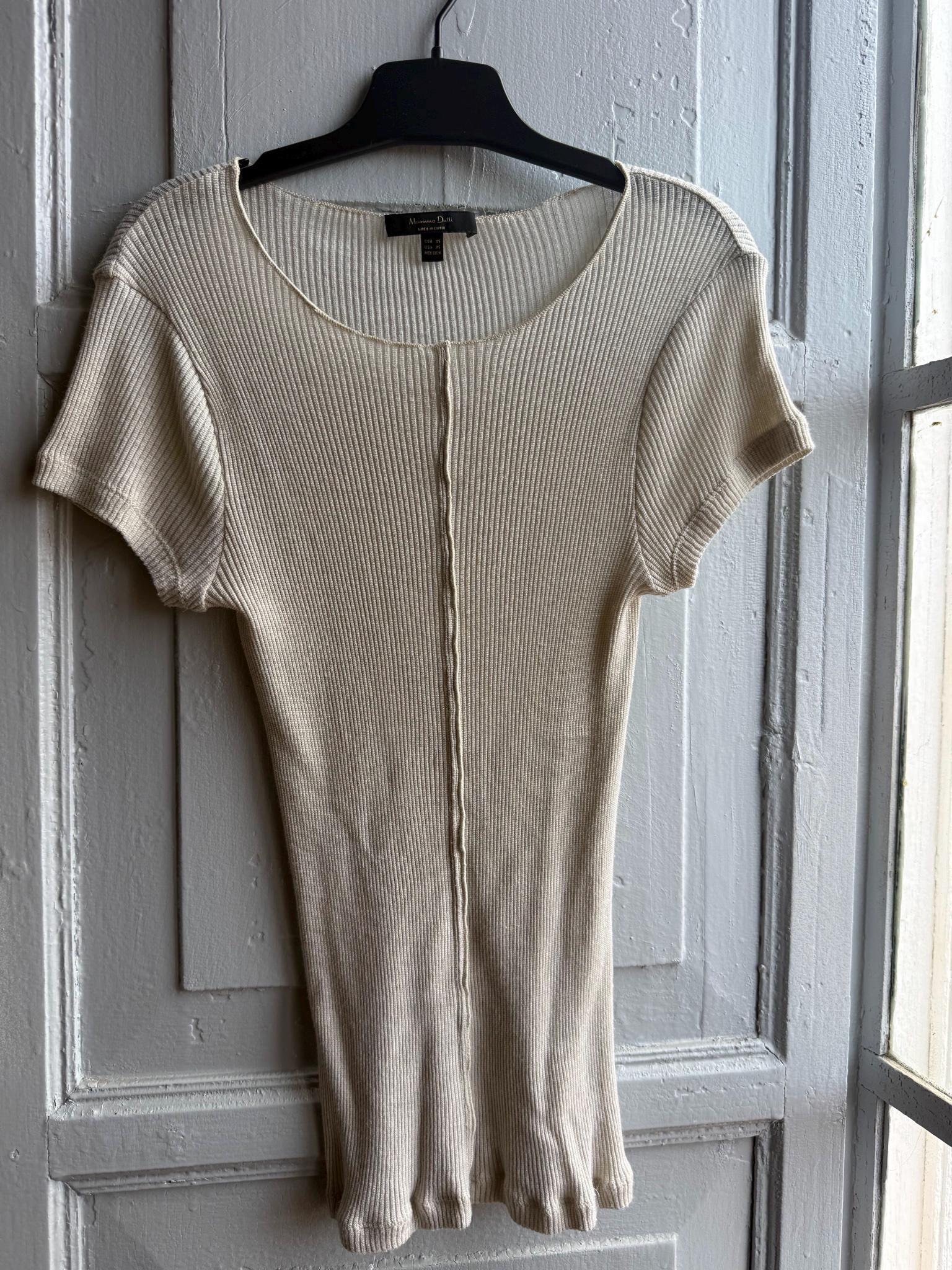 Massimo Dutti Ribbed Knit Top, Beige Glitter Shimmer shirt, Minimalist Chic Stretchy Luxury Women Top, Size XS