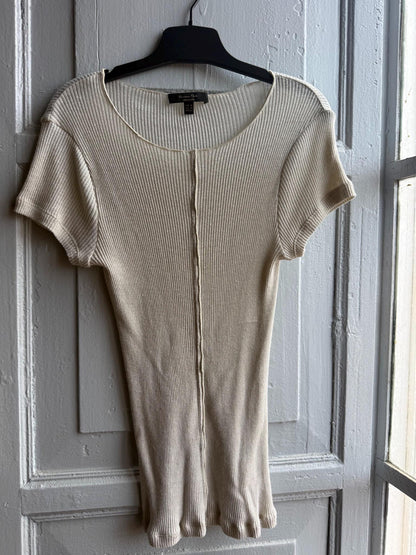 Massimo Dutti Ribbed Knit Top, Beige Glitter Shimmer shirt, Minimalist Chic Stretchy Luxury Women Top, Size XS