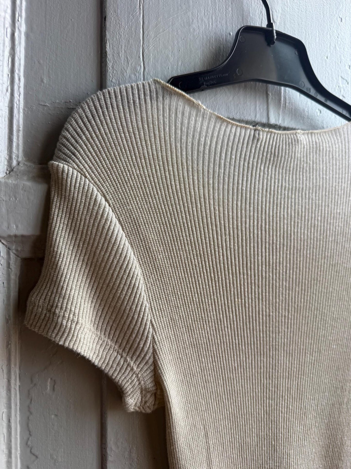 Massimo Dutti Ribbed Knit Top, Beige Glitter Shimmer shirt, Minimalist Chic Stretchy Luxury Women Top, Size XS