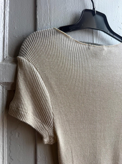 Massimo Dutti Ribbed Knit Top, Beige Glitter Shimmer shirt, Minimalist Chic Stretchy Luxury Women Top, Size XS